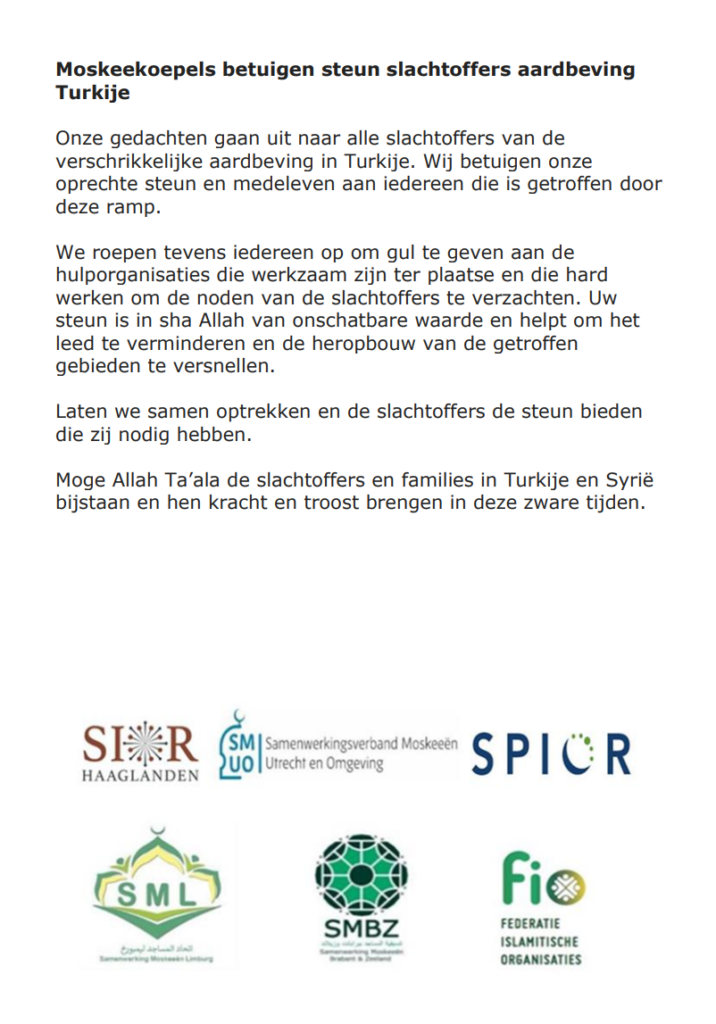 moskeekoepels betuigen steun slachtoffers aardbeving Turkije